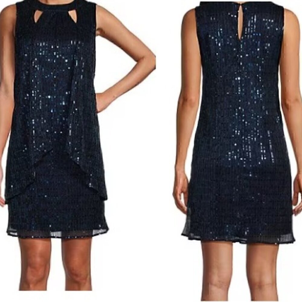 Leslie Fay Blue Sleeveless Double Keyhole Crew Neck Sequin Shirt Dress Size 8